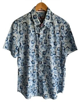 Robert Graham 100% Cotton Button Down Mens L Blue Short Sleeve Preppy Abstract